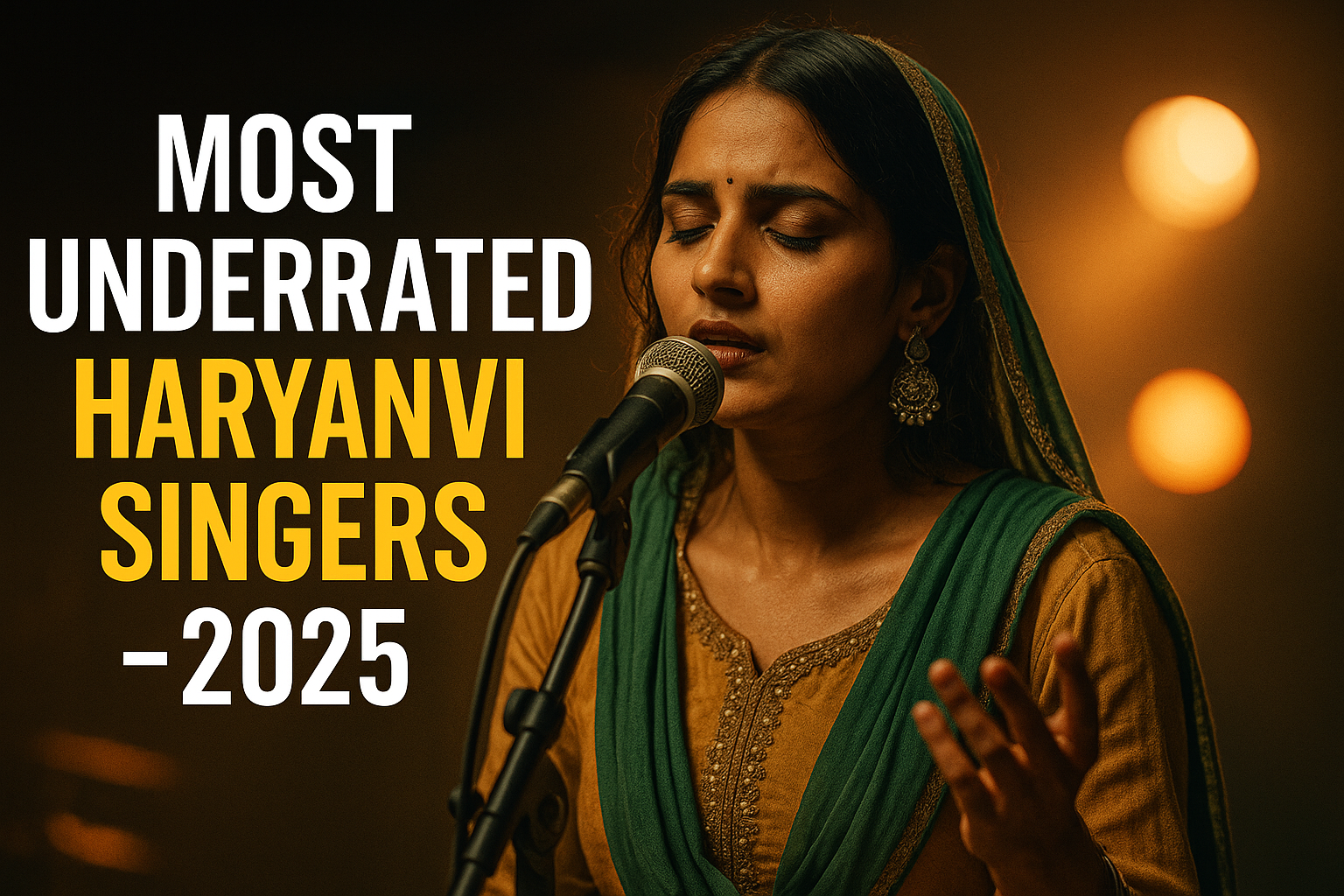 A young Haryanvi folk singer performing on stage in traditional dress with cinematic lighting – 2025